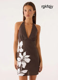 Agneta Halter Linen Mini Dress - Chocolate Tropic Floral - Mini Dresses