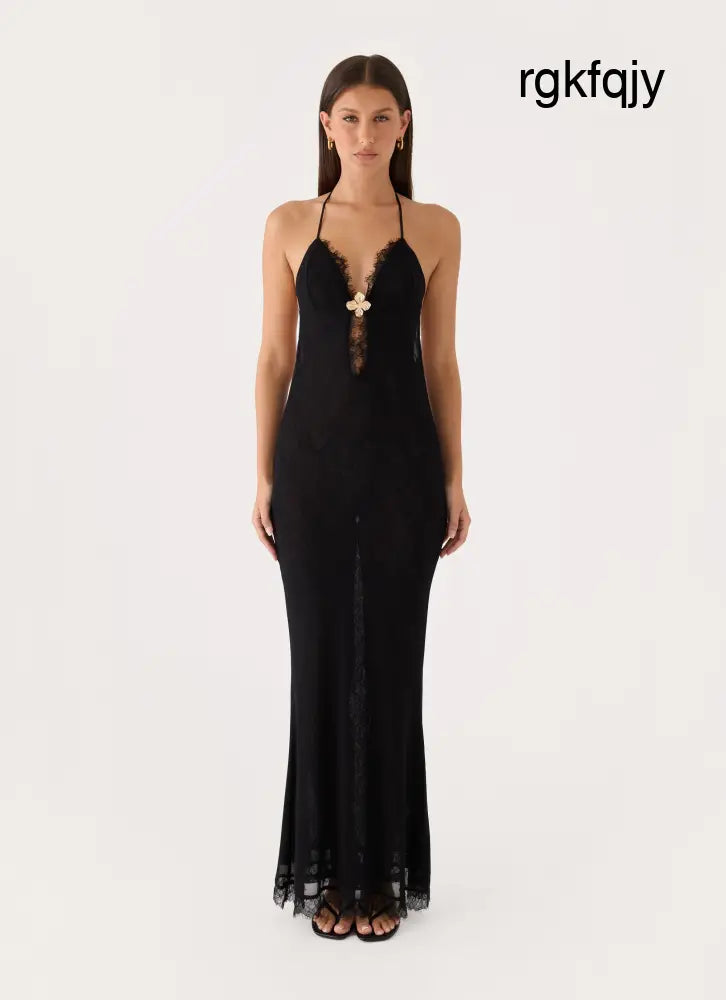Calyssia Lace Halter Long Maxi Dress - Black - Maxi Dresses