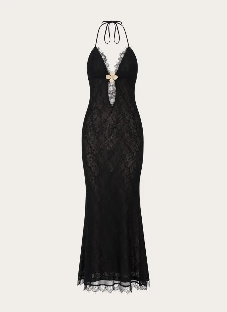 Calyssia Lace Halter Long Maxi Dress - Black - Maxi Dresses