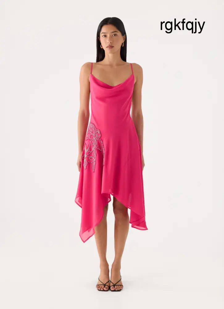 Pirama Beaded Midi Dress - Fuchsia - Midi Dresses