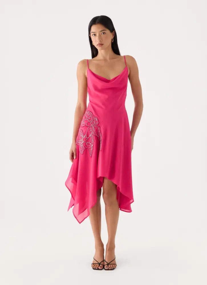 Pirama Beaded Midi Dress - Fuchsia - Midi Dresses