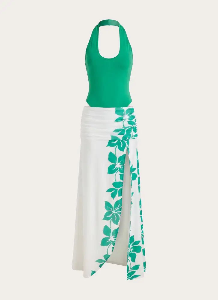 Sarinda Maxi Dress - Green White Tropic Floral Print - Maxi Dresses